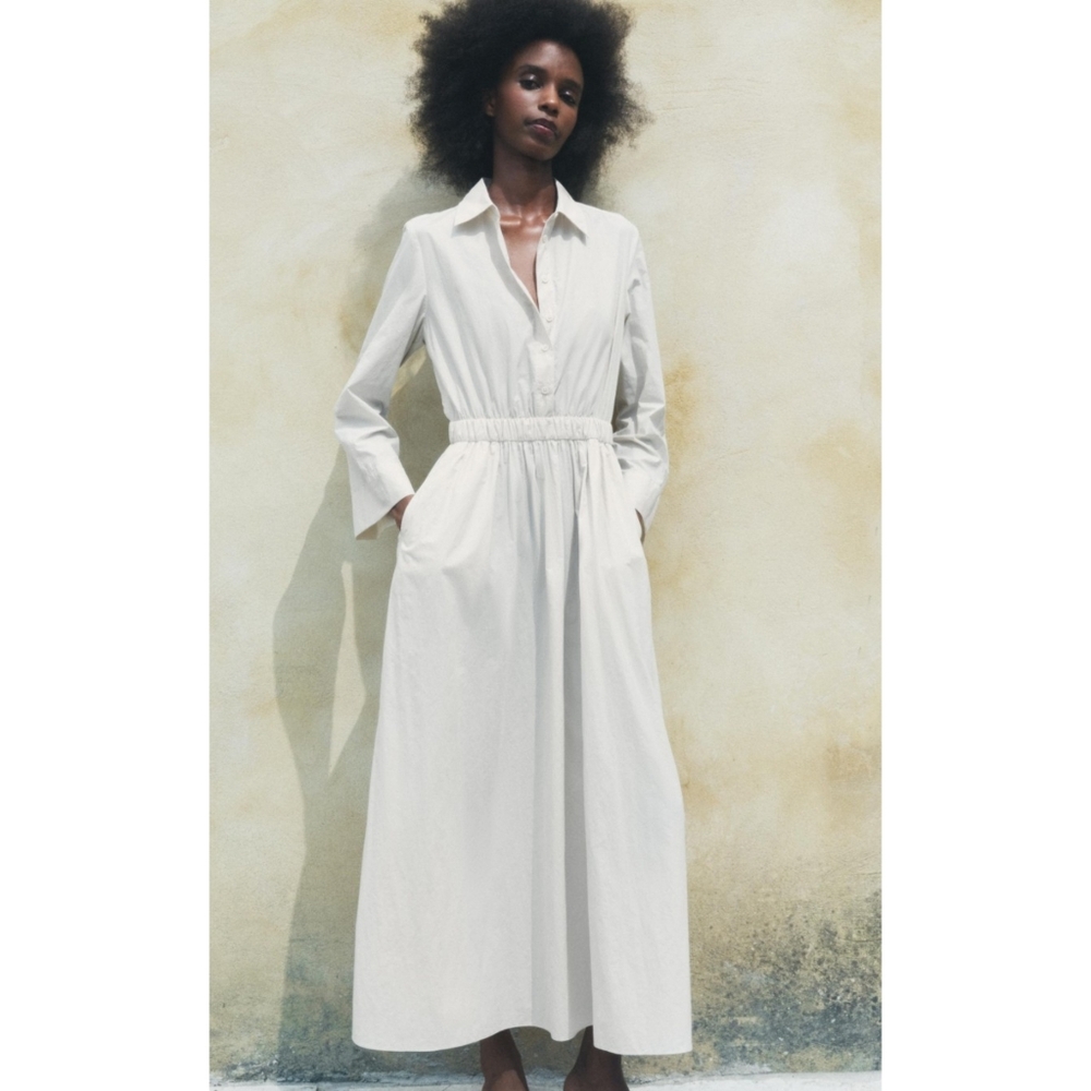 ZARA MIDI SHIRT DRESS Cream Size M & L - Picture 11 of 12